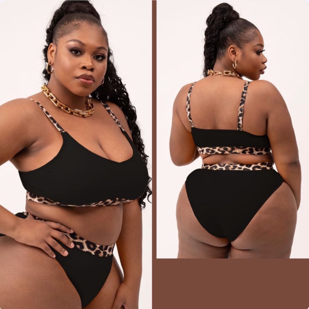 Plus Size Black Bikini with Leopard Trim